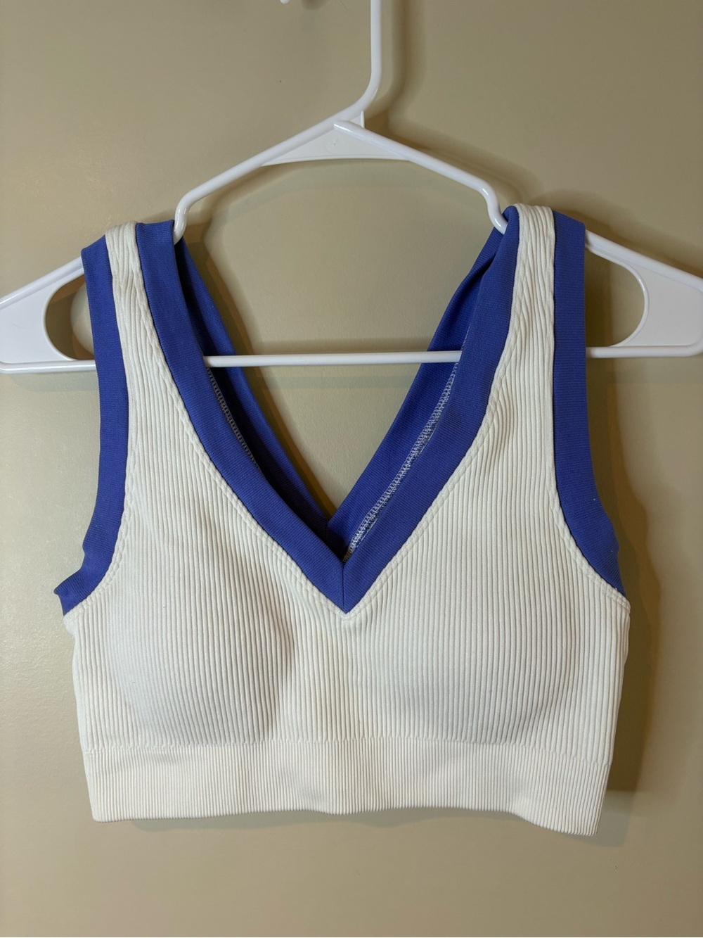 Aerie White & Periwinkle Ribbed Padded V-Neck Sports Bra NWOT